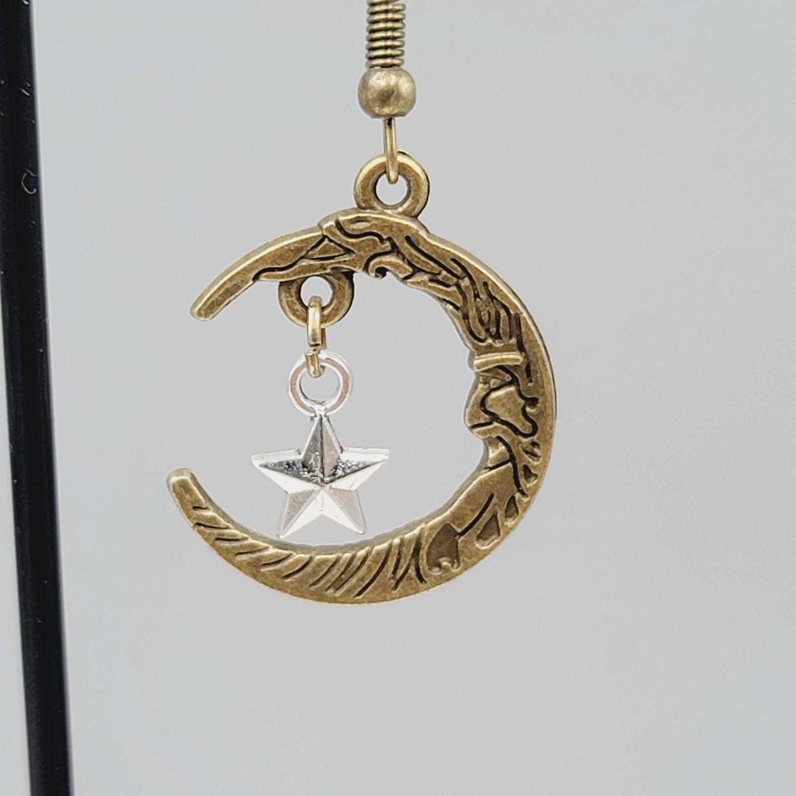 New Man in the Crescent Moon Pierced Earrings Bronze tone Silver Star Dangle 1"