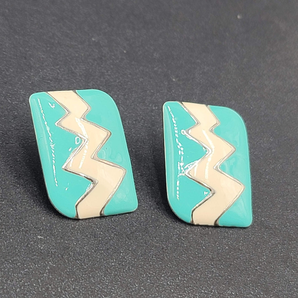 Vintage Pierced Earrings Silver tone Blue Enamel Statement Drop1 1/8"