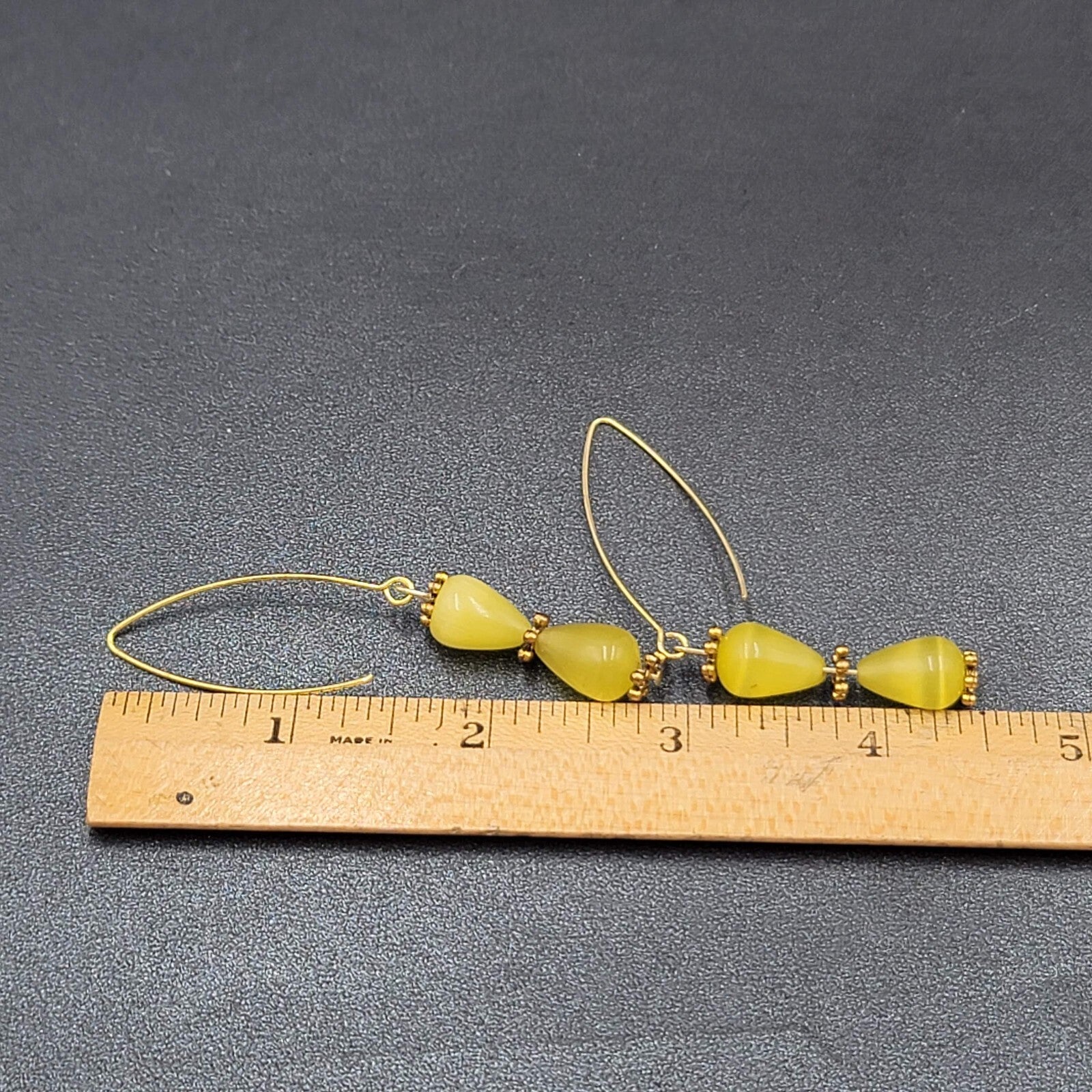 Pierced Earrings Gold tone Yellow Cats Eye Stone Beads Dangle 1.5"
