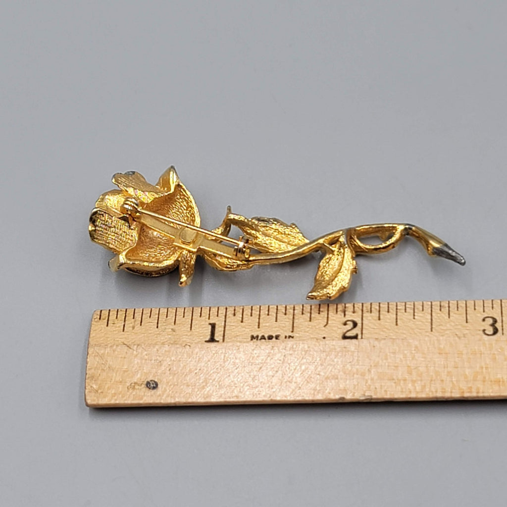 Vintage Gold Tone Rose Flower Leaf Brooch Pin Lot Textured Green Jade Stone