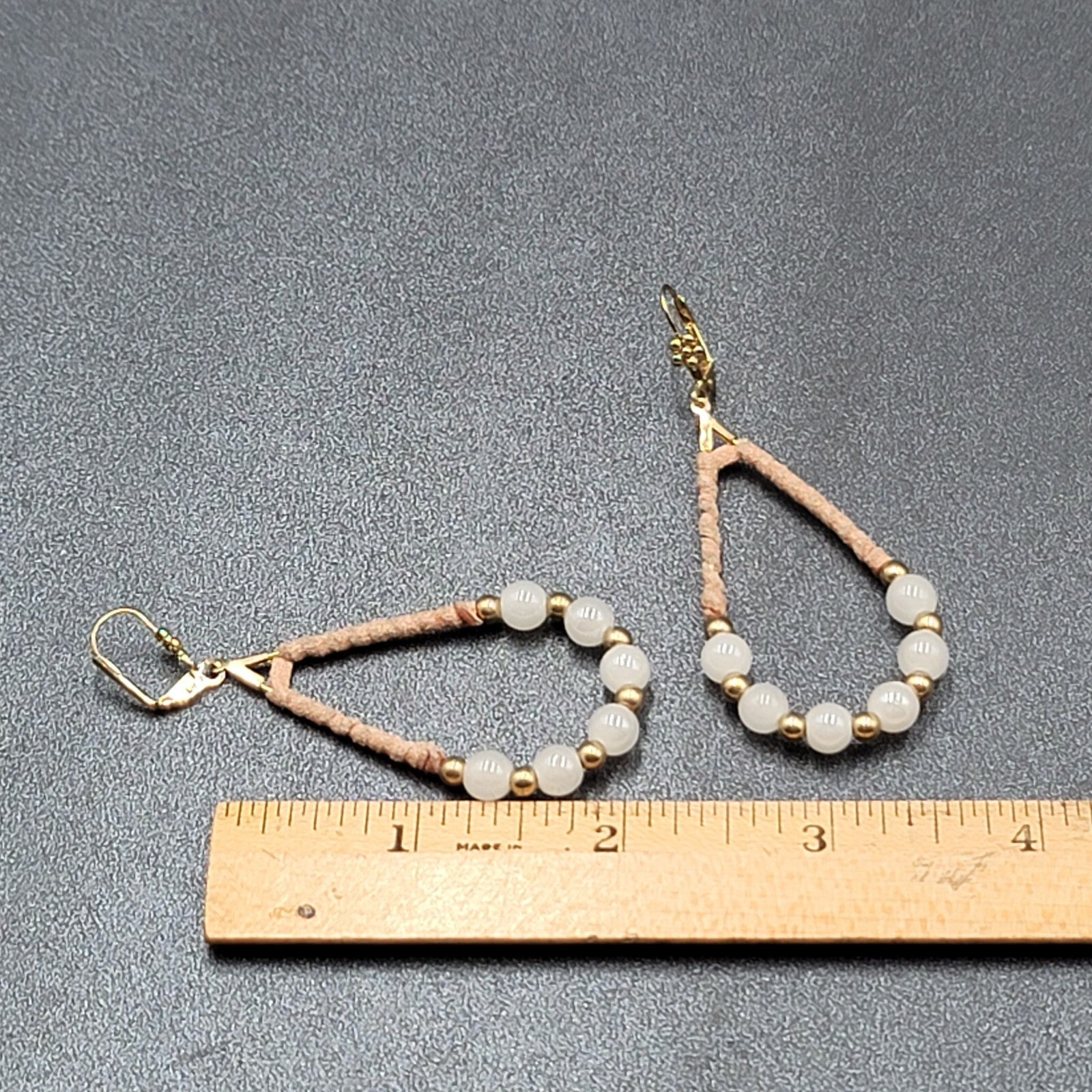 Pierced Earrings Gold tone Leather Wrapped Beaded Teardrop Dangle 2.25"