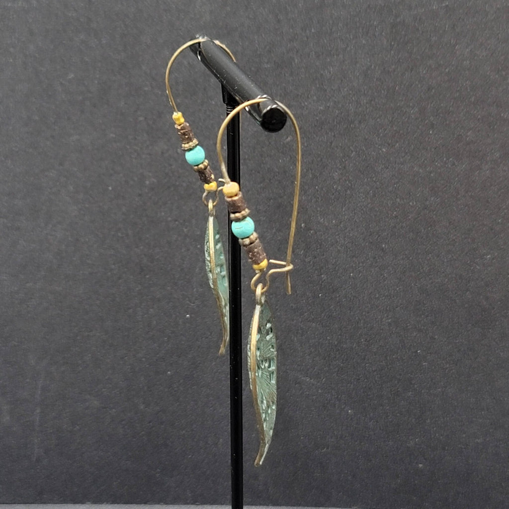 Boho Pierced Earrings Bronze tone Faux Patina Leaf Beaded 2.75"