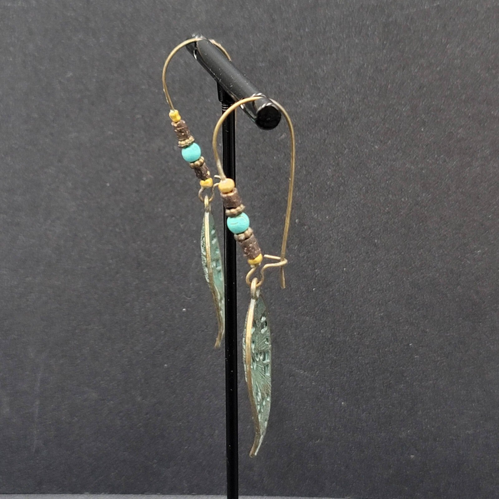 Boho Pierced Earrings Bronze tone Faux Patina Leaf Beaded 2.75"