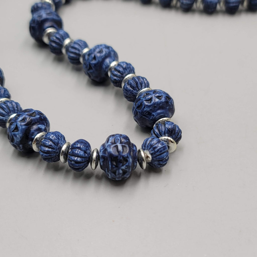 Vintage Textured Blue Bead Necklace Silver tone Spacers 24"
