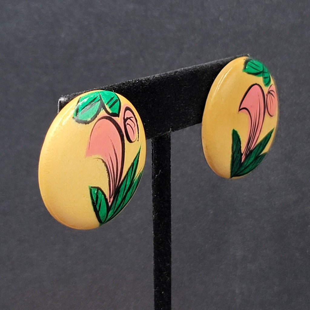 Vintage Pierced Earrings Round Wood Hand Painted 1 1/8"