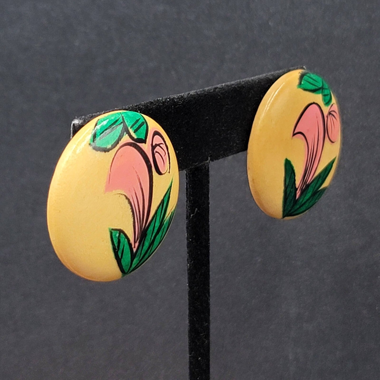Vintage Pierced Earrings Round Wood Hand Painted 1 1/8"