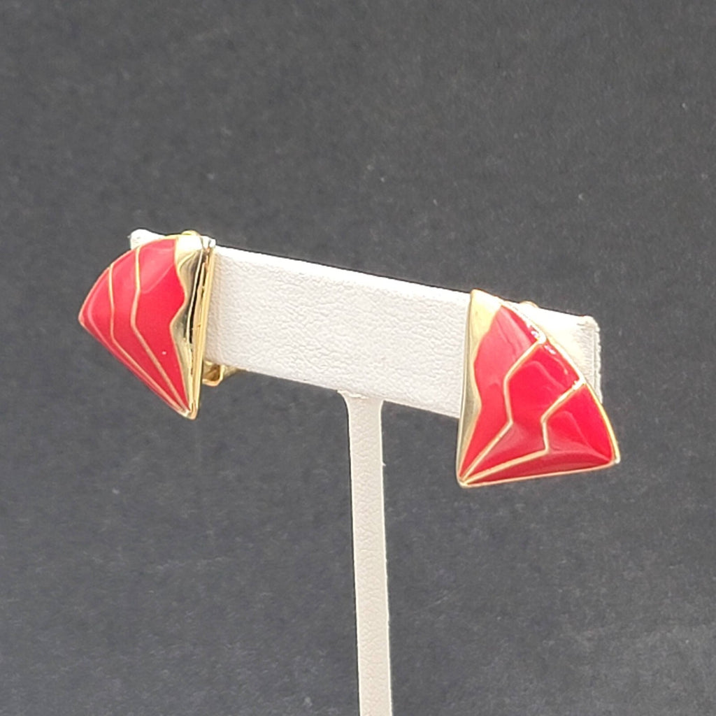 Vintage Clip on Earrings Gold Plated Red Enamel Fan Design 3/4"