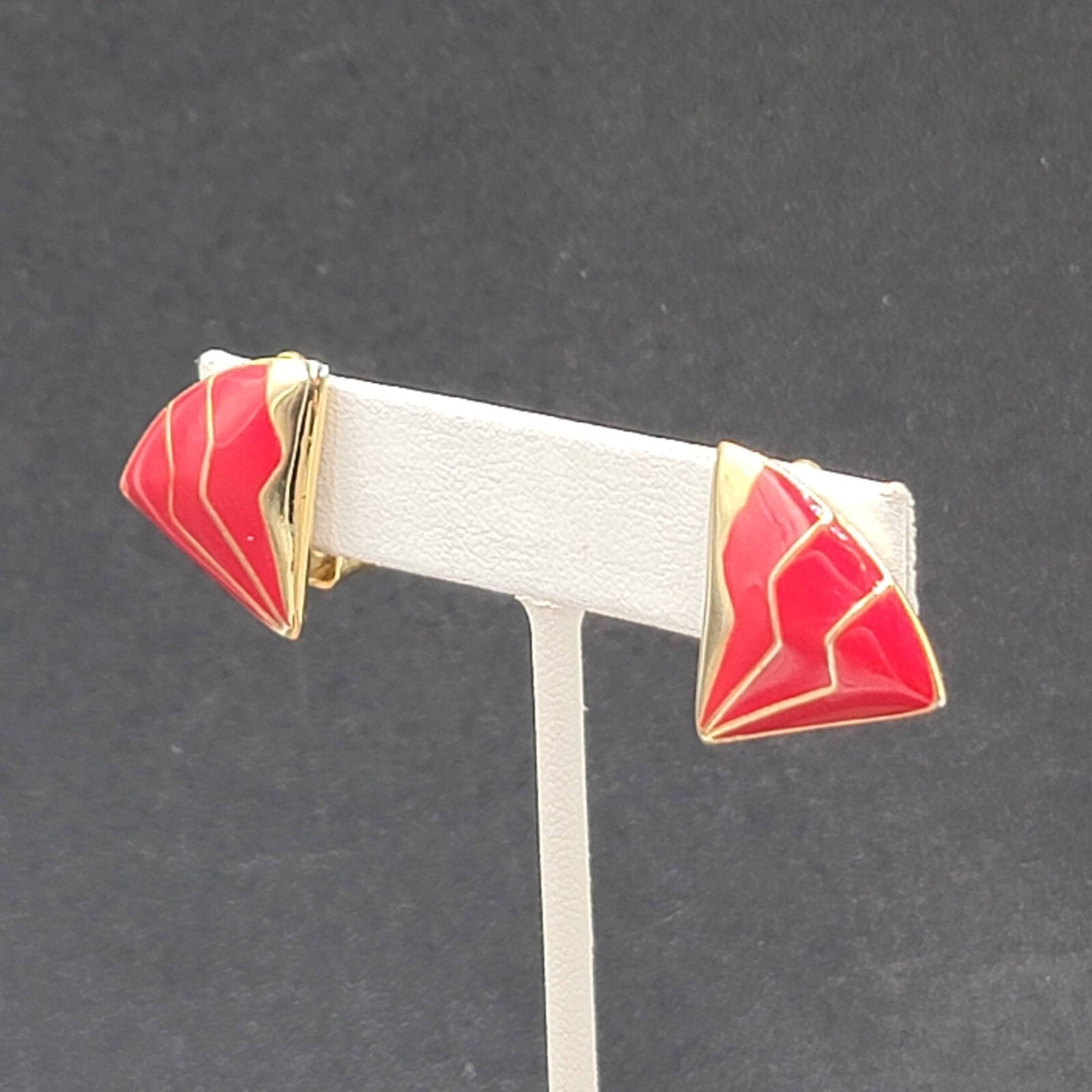 Vintage Clip on Earrings Gold Plated Red Enamel Fan Design 3/4"