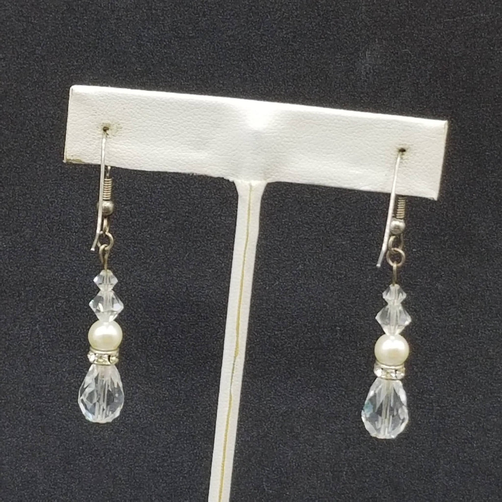 Pierced Earrings Silver tone Faux Pearl Faceted Crystal Bead Dangle 1 1/4"