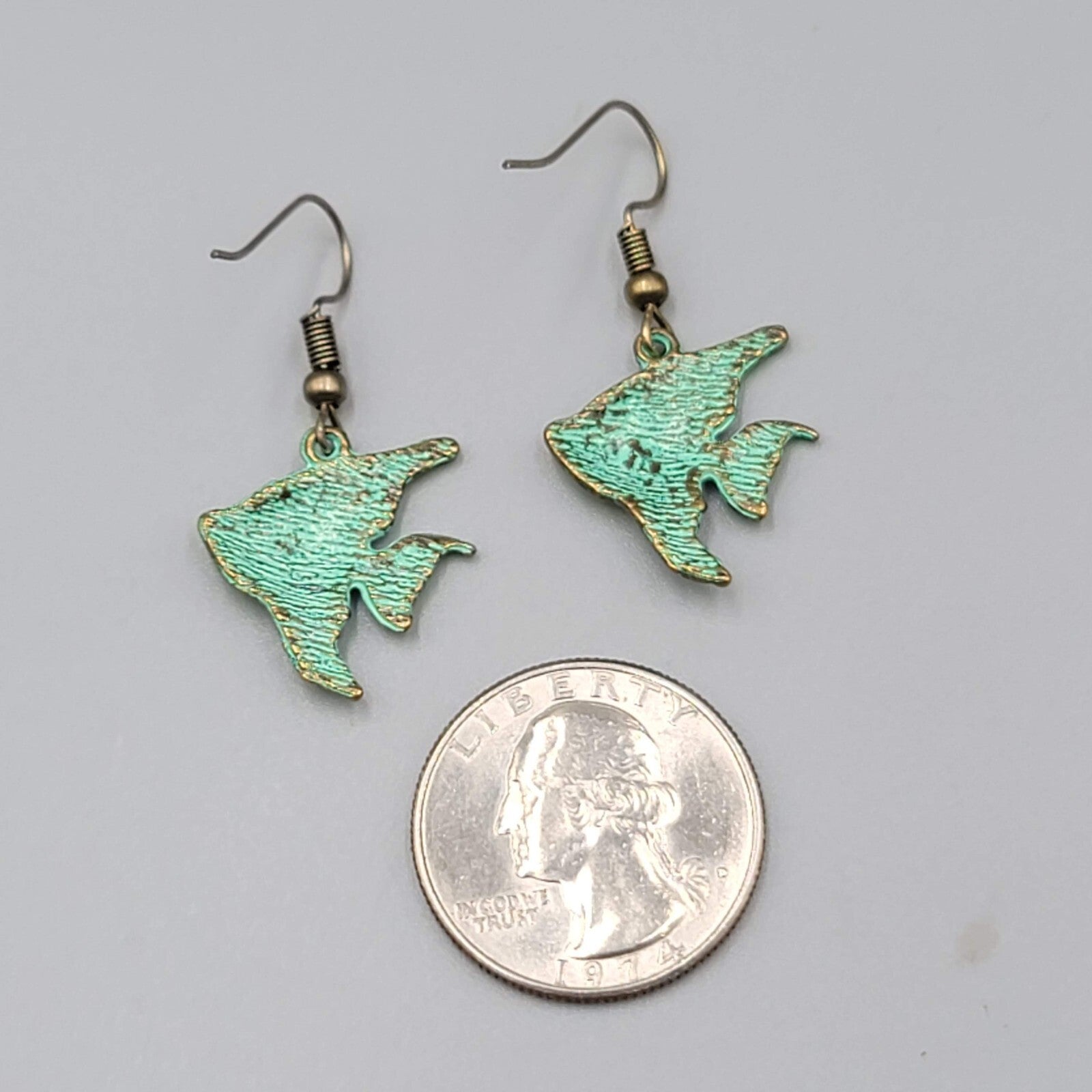 Angelfish Beach Sea life Pierced Earrings Bronze tone Green wash Dangle 3/4"