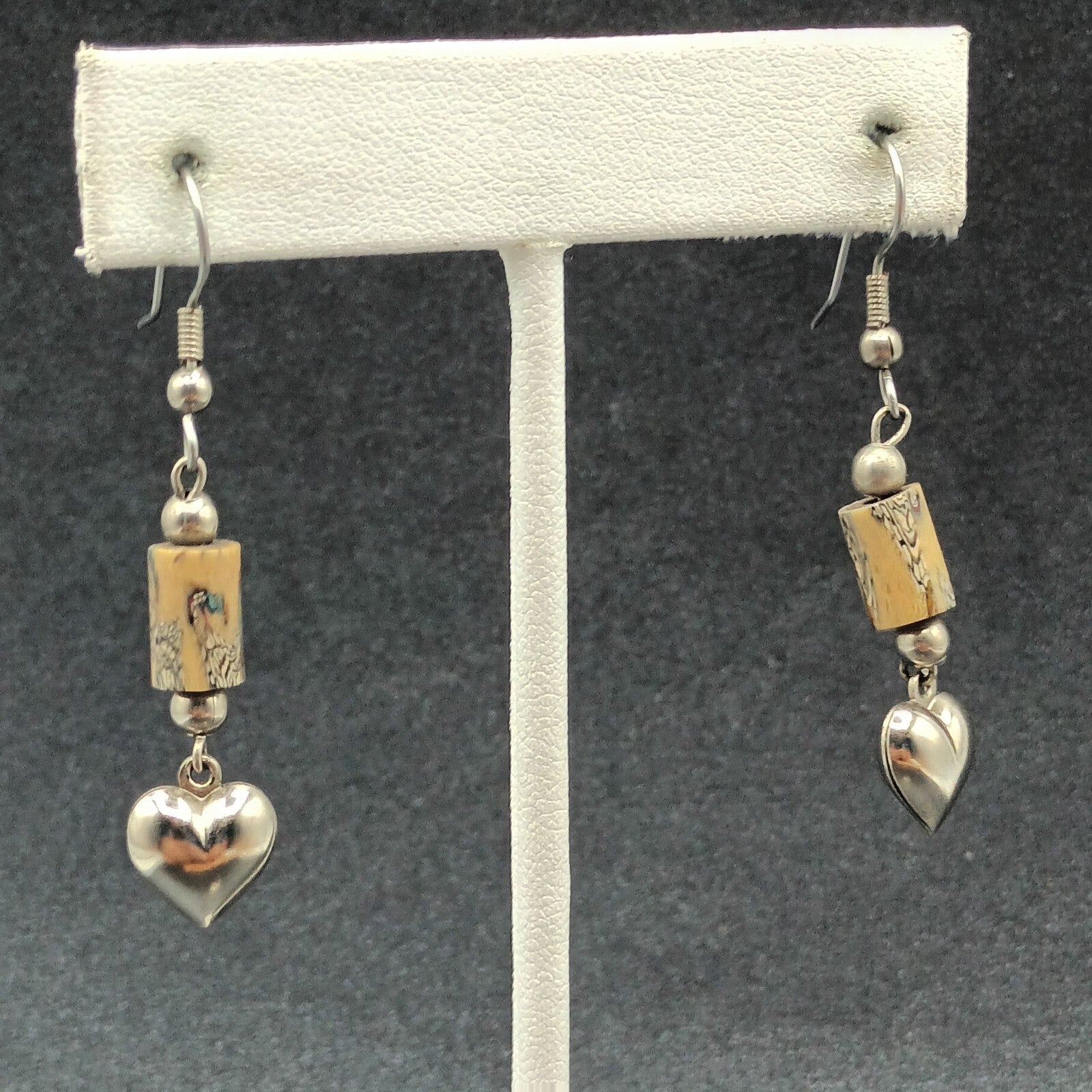 Pierced Earrings Silver tone Heart Acrylic Beaded Dangle 1 1/4"