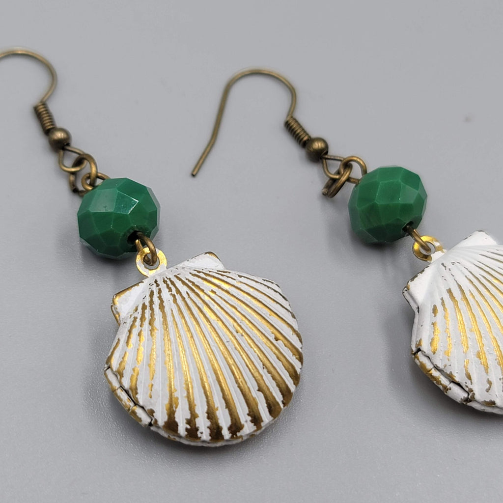 Pierced Earrings Bronze tone Green Bead Metal White Seashell Dangle 1 5/8"