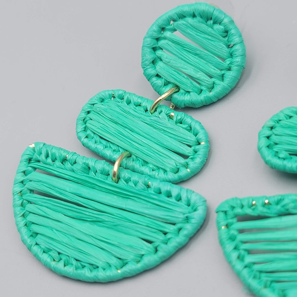 Green Rattan Pierced Earrings Statement Dangle 2.5"