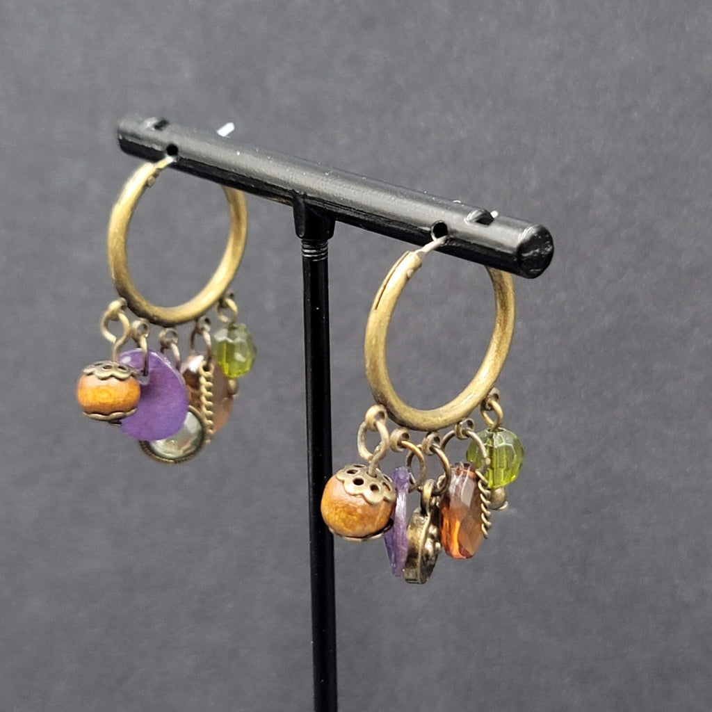 Pierced Earrings Green tone Green Orange Purple Beads Hoops 1.25"