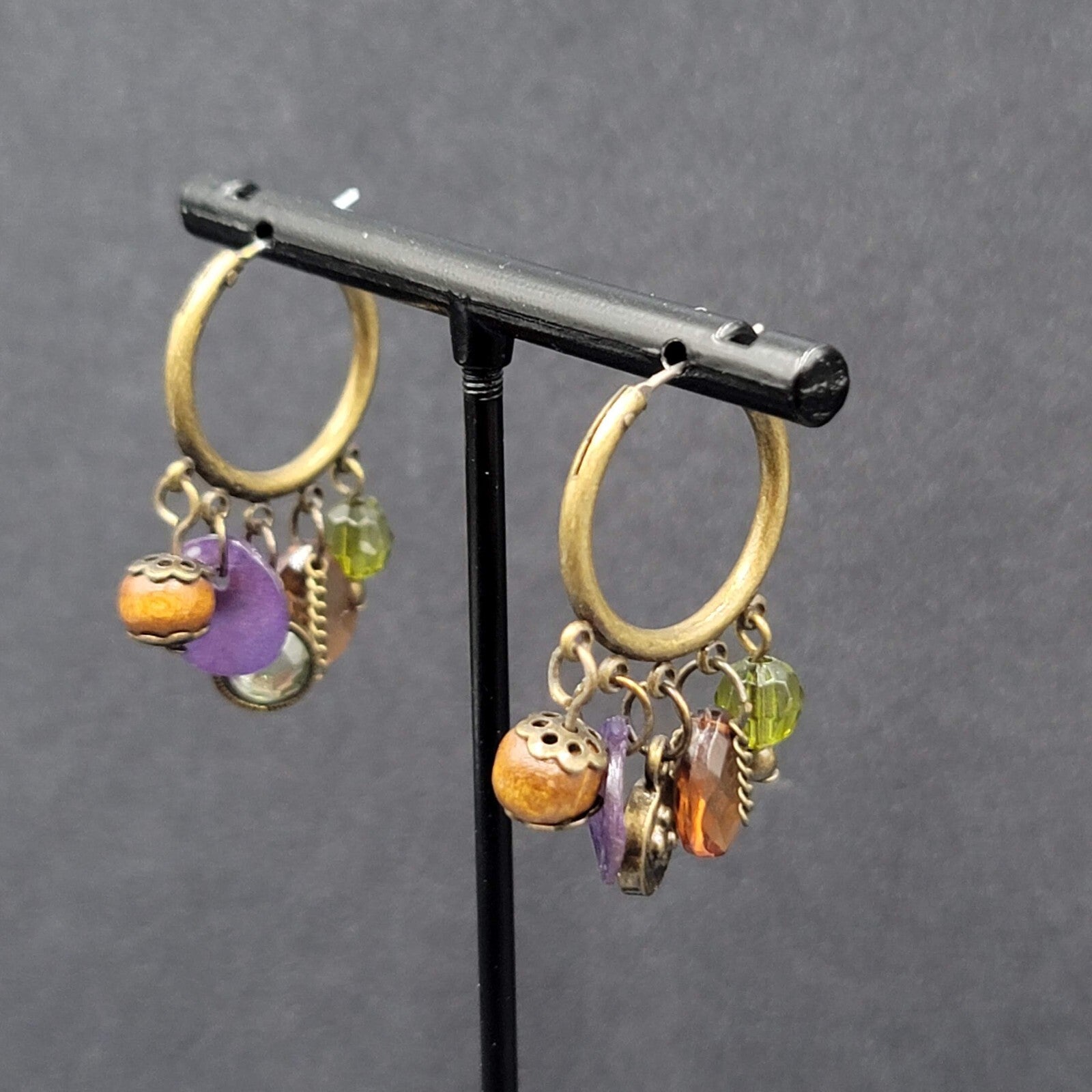 Pierced Earrings Green tone Green Orange Purple Beads Hoops 1.25"