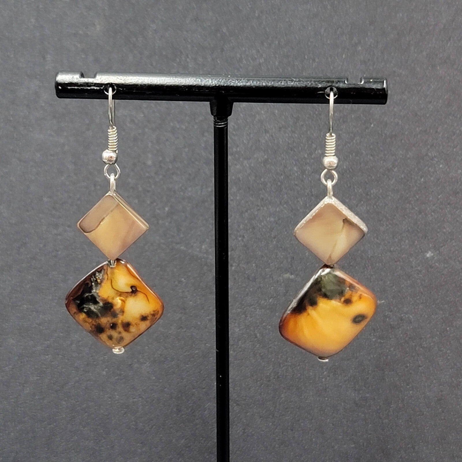 Pierced Earrings Silver tone Dyed Brown Shell Square Beads Dangle 1 3/8"