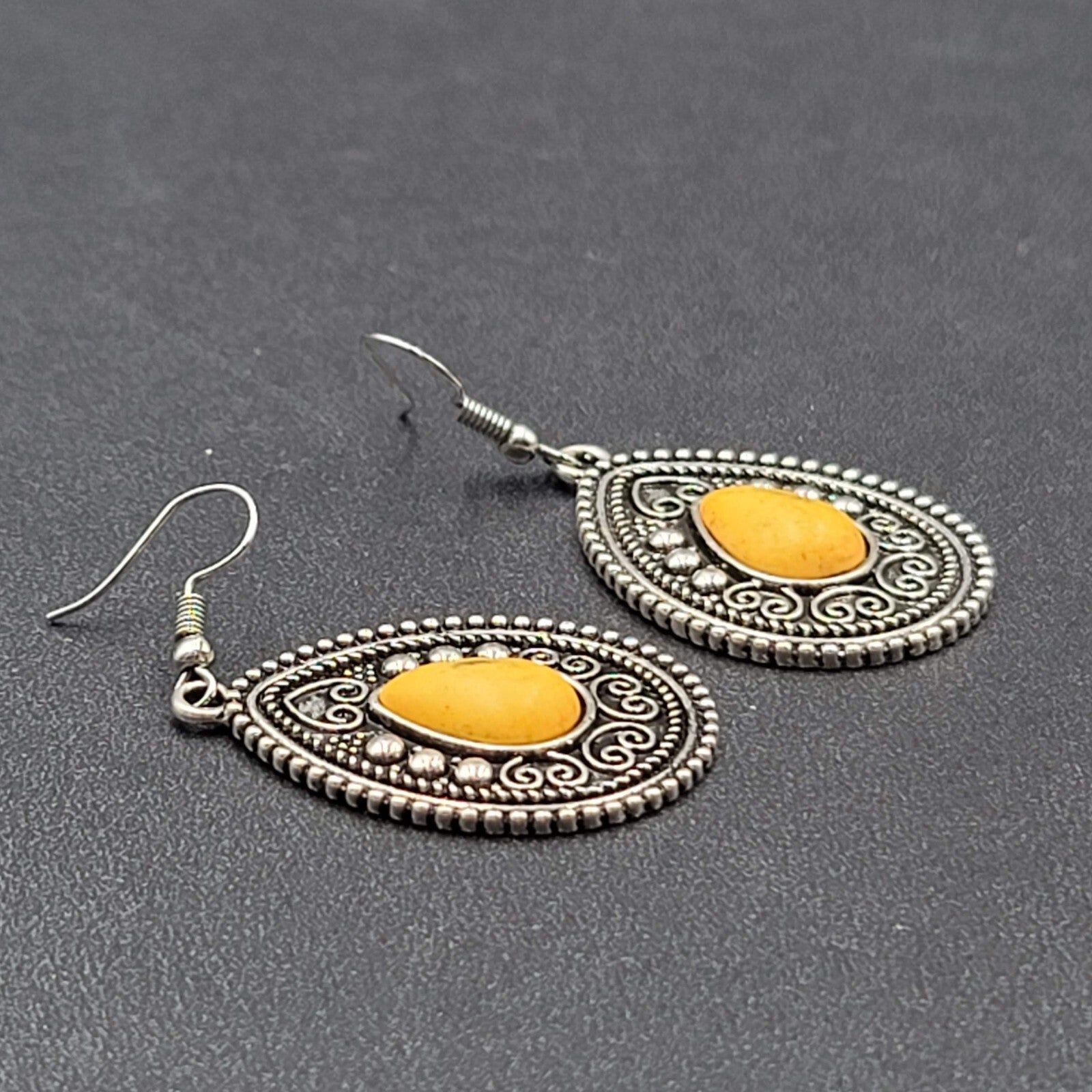 Boho Pierced Earrings Silver tone Yellow Black Center Dangle 1.5"