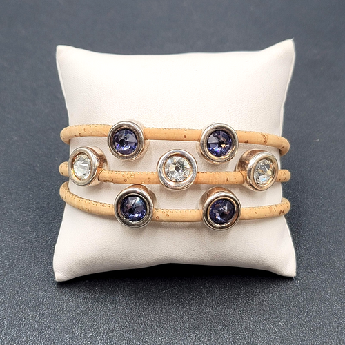 Cork Bracelet Silver tone Multicolor Crystal Rhinestone Magnetic Closure 6.5"