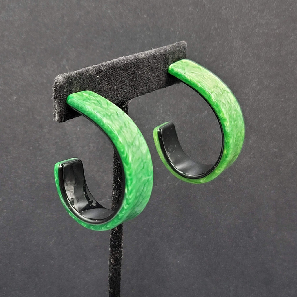 Pierced Earrings Green Black Resin Hoops Artsy 1 5/8"