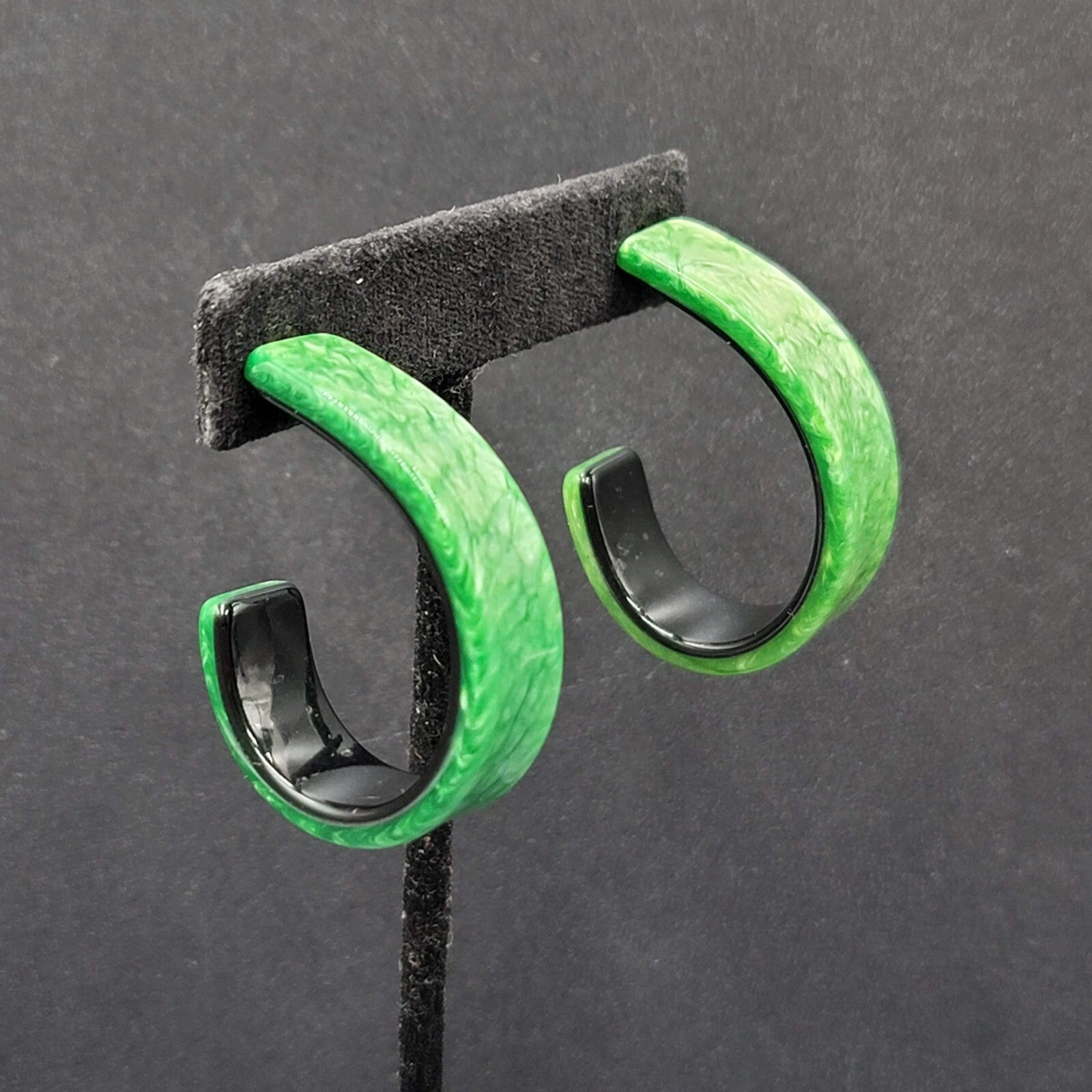 Pierced Earrings Green Black Resin Hoops Artsy 1 5/8"