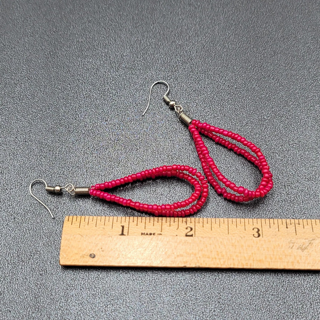 Pierced Earrings Red Seed Beaded Double Loops Dangle 2"