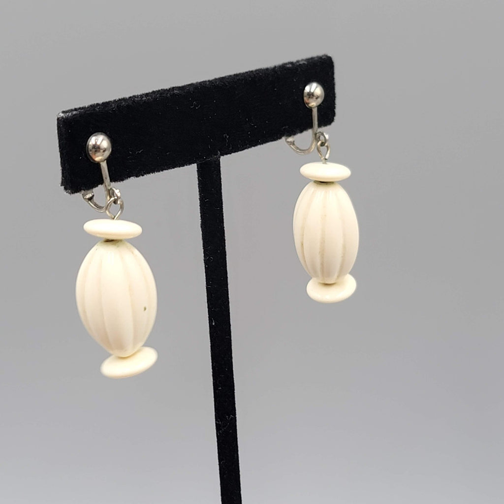 Vintage White Bead Clip on Earrings Silver tone Dangle  1.25"