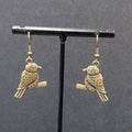 Bird on Perch Pierced Earrings Bronze tone Embossed Dangle 1"