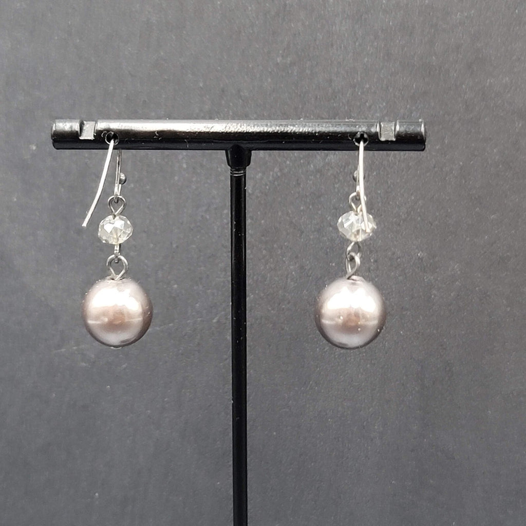 Pierced Earrings Silver tone Dark Gray Bead Dangle  1"