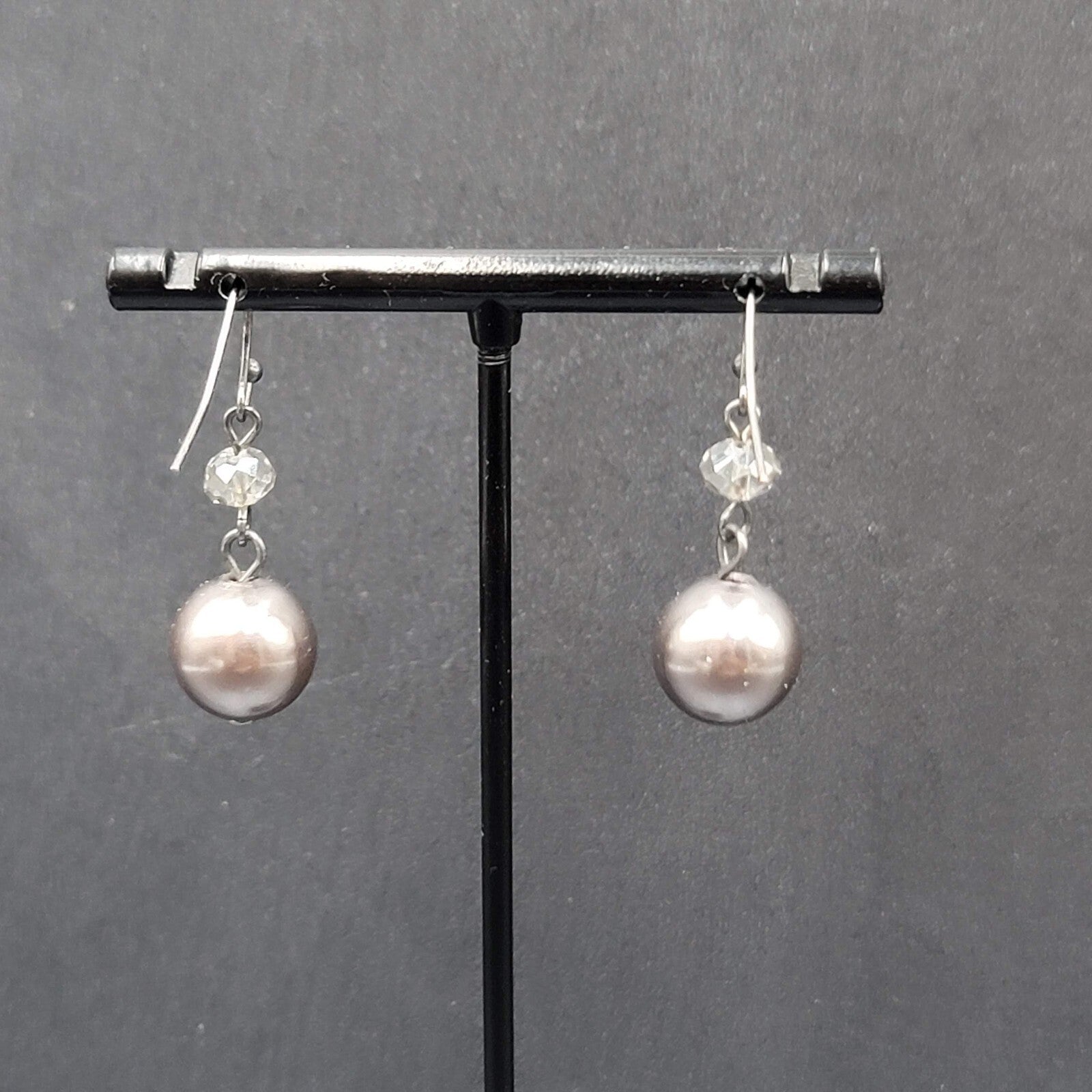 Pierced Earrings Silver tone Dark Gray Bead Dangle  1"
