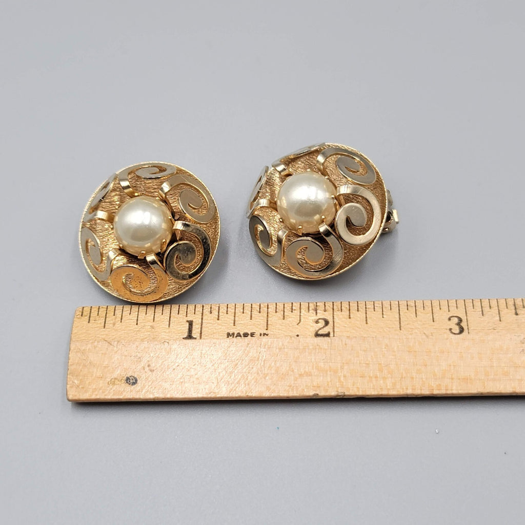 Vintage Clip on Earrings Gold tone White Cabochon Round Statement 1 1/8"