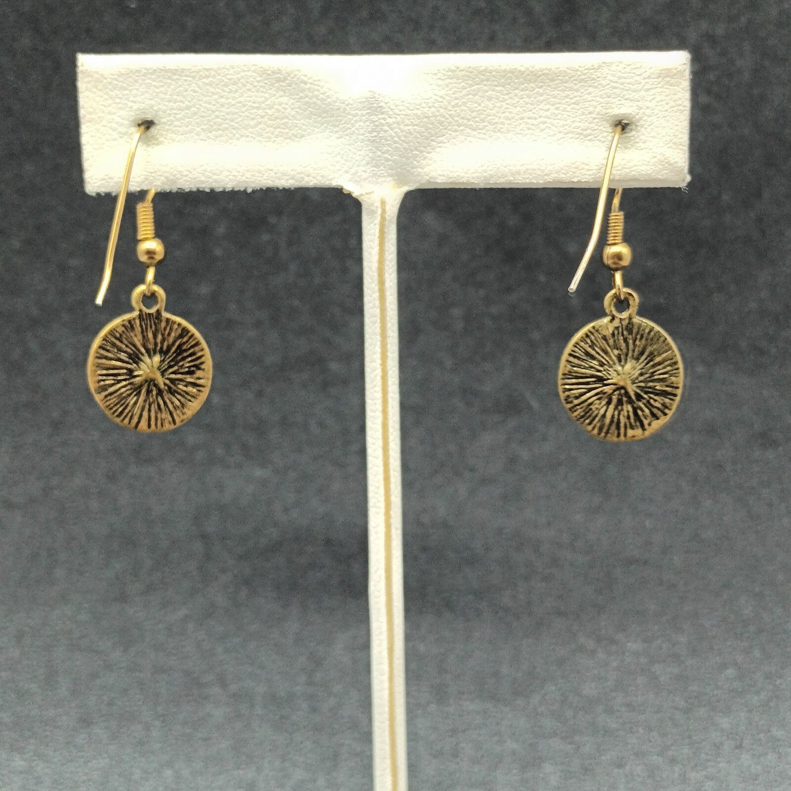 Pierced Earrings Textured Bronze tone Crystal Rhinestone Round Dangle Small 1/2"