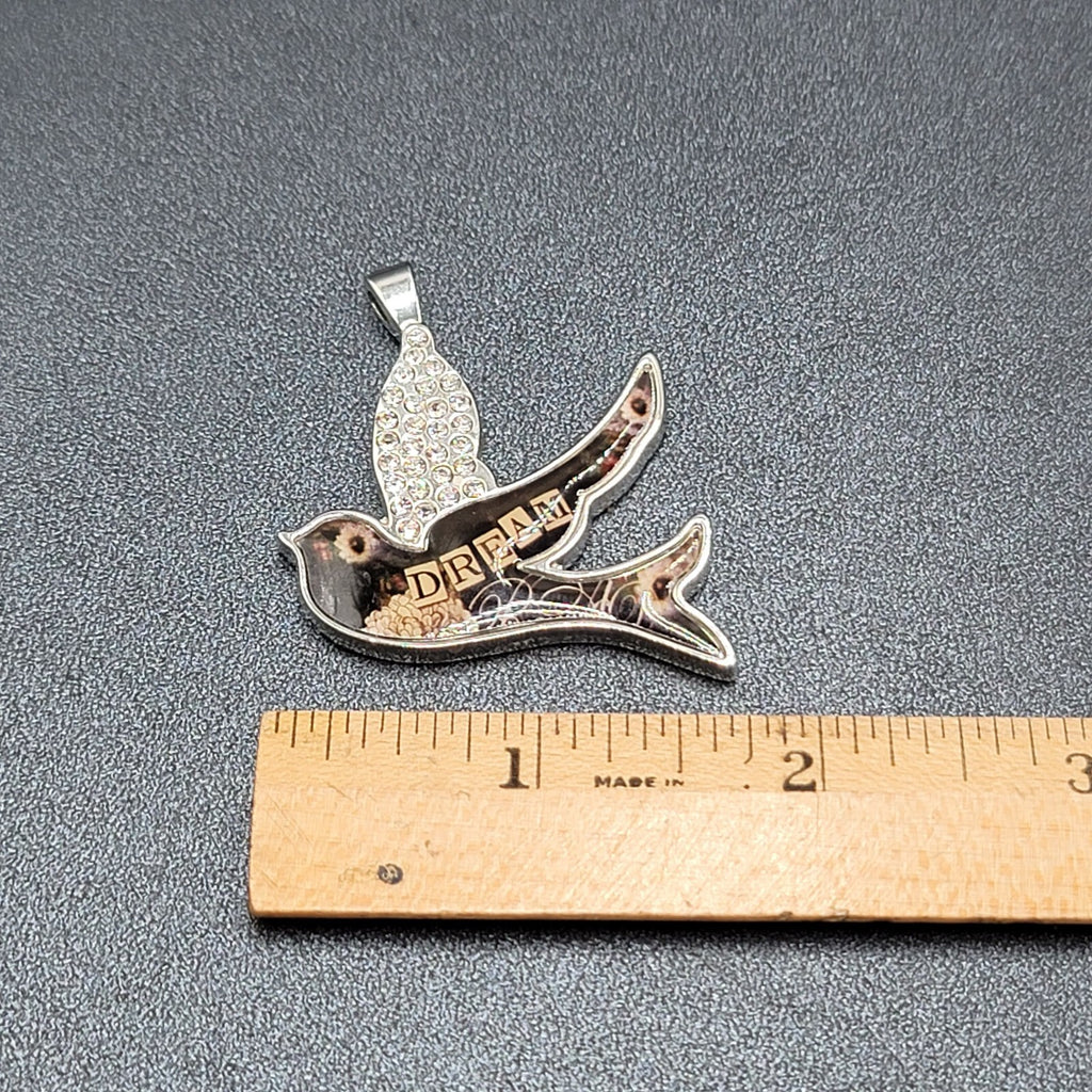 Sally Jean Alexander Pendant Only Dream Bird Collage Silver tone Rhinestone 2"