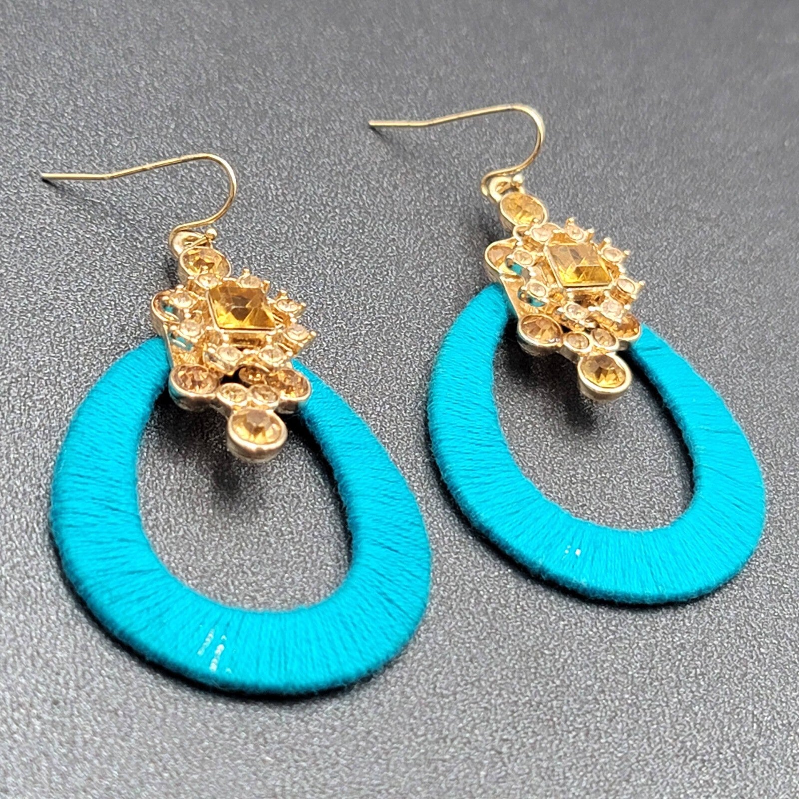 Pierced Earrings Gold tone Yellow Rhinestone Blue String Wrapped Hoops 2.25"