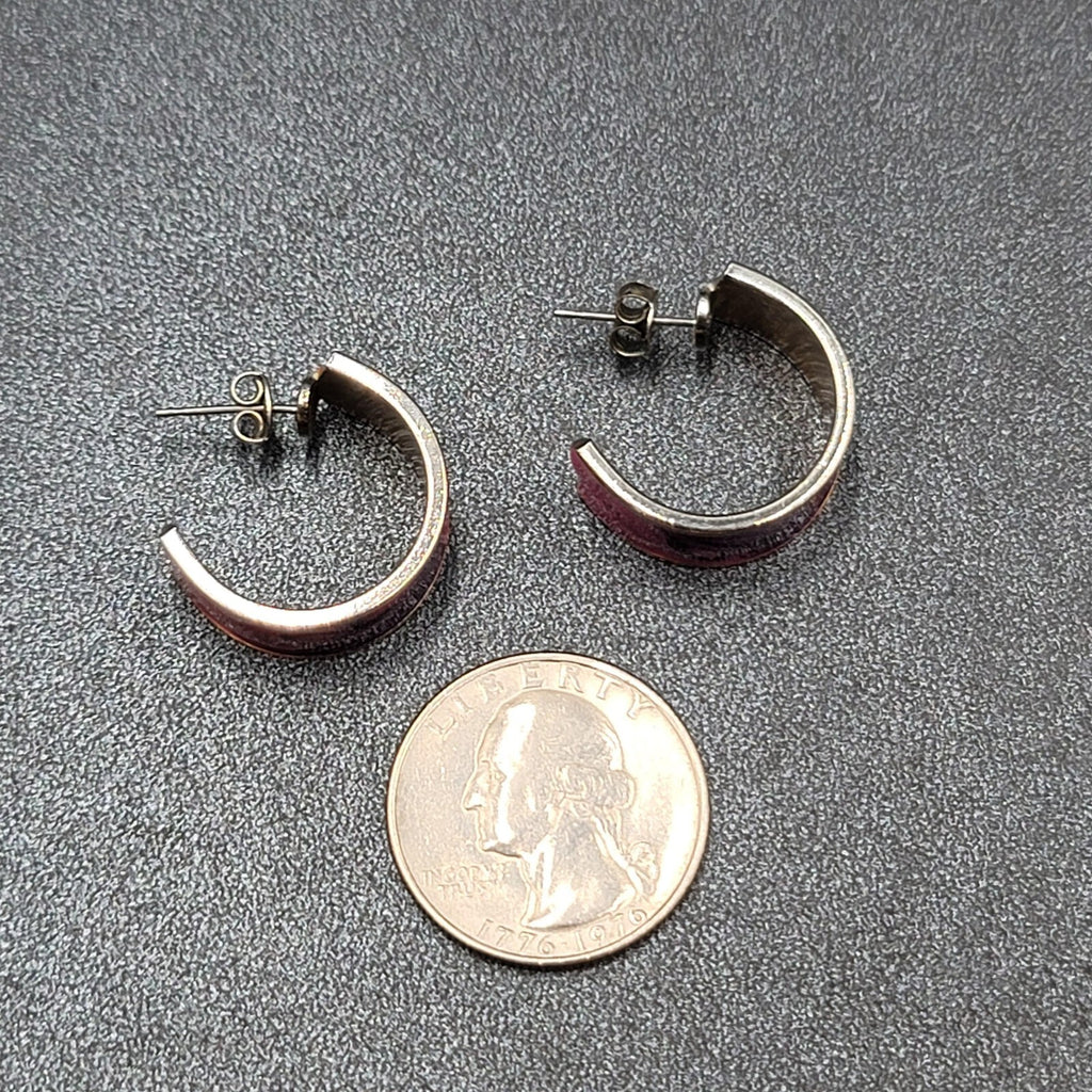 Vintage Pierced Earrings Silver tone Pink Purple Enamel Wide Hoops 3/4"