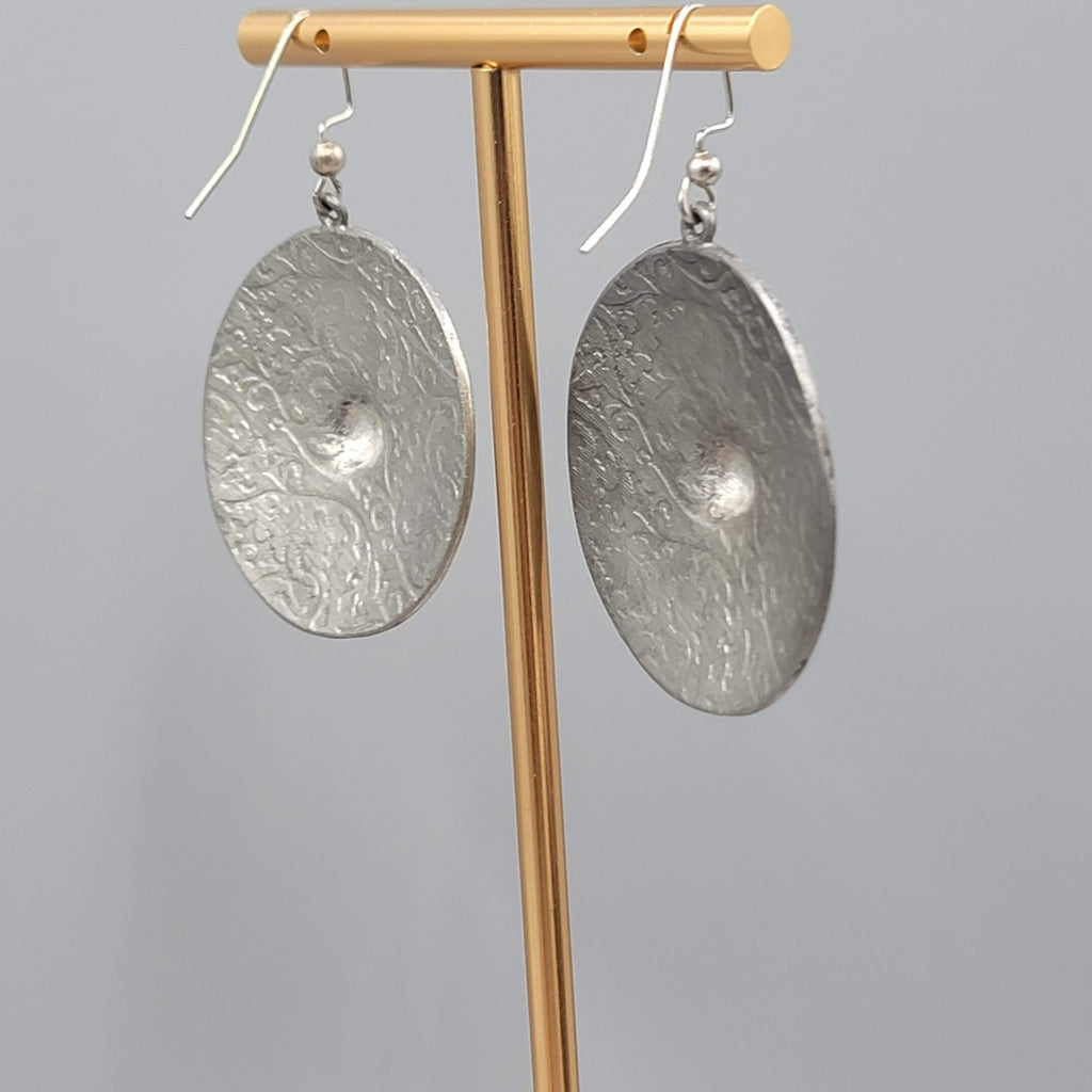 Mexico Engraved Silver tone Dangle Pierced Earrings Round 1.5"