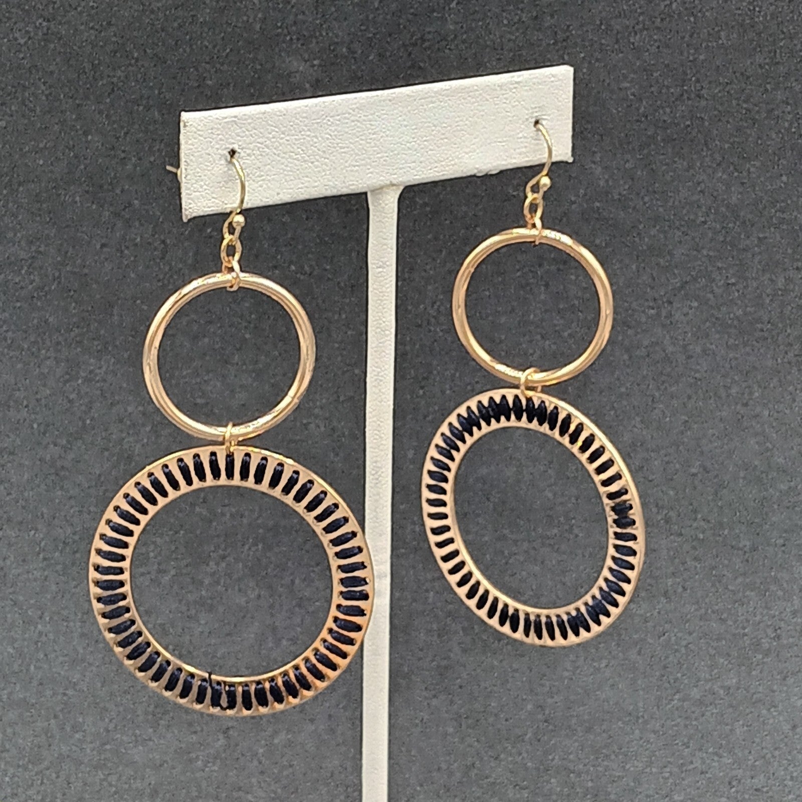 Pierced Earrings Gold tone Dangle Hoops Blue String Accents 2.75"