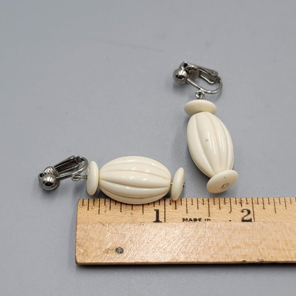 Vintage White Bead Clip on Earrings Silver tone Dangle  1.25"