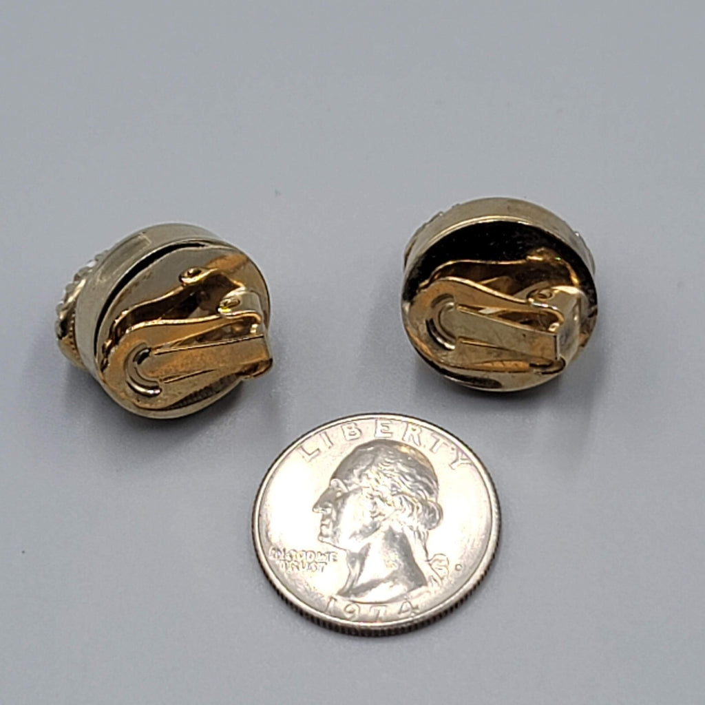 Vintage Clip on Earrings Copper Glitter Glass Cabochon Gold tone 3/4"