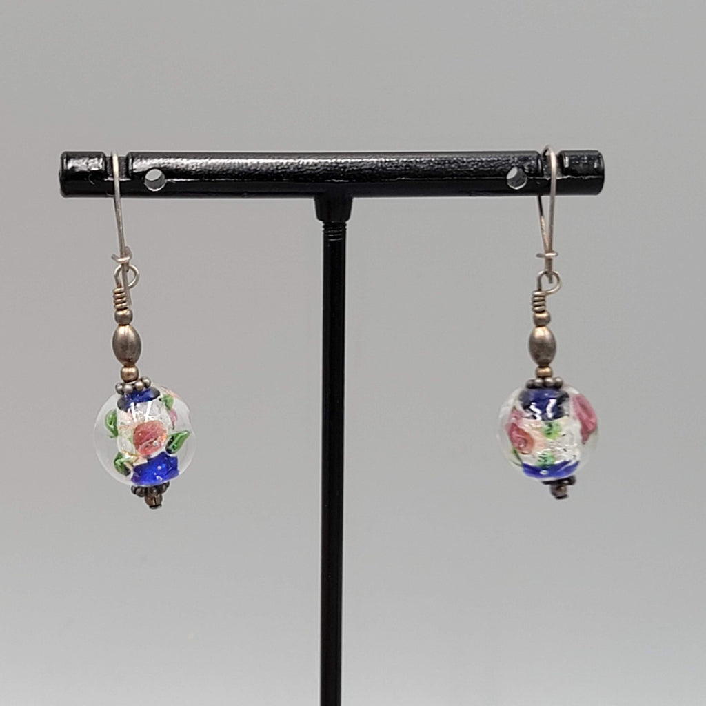 Art Glass Flower Pierced Earrings Silver tone Dangle 1"