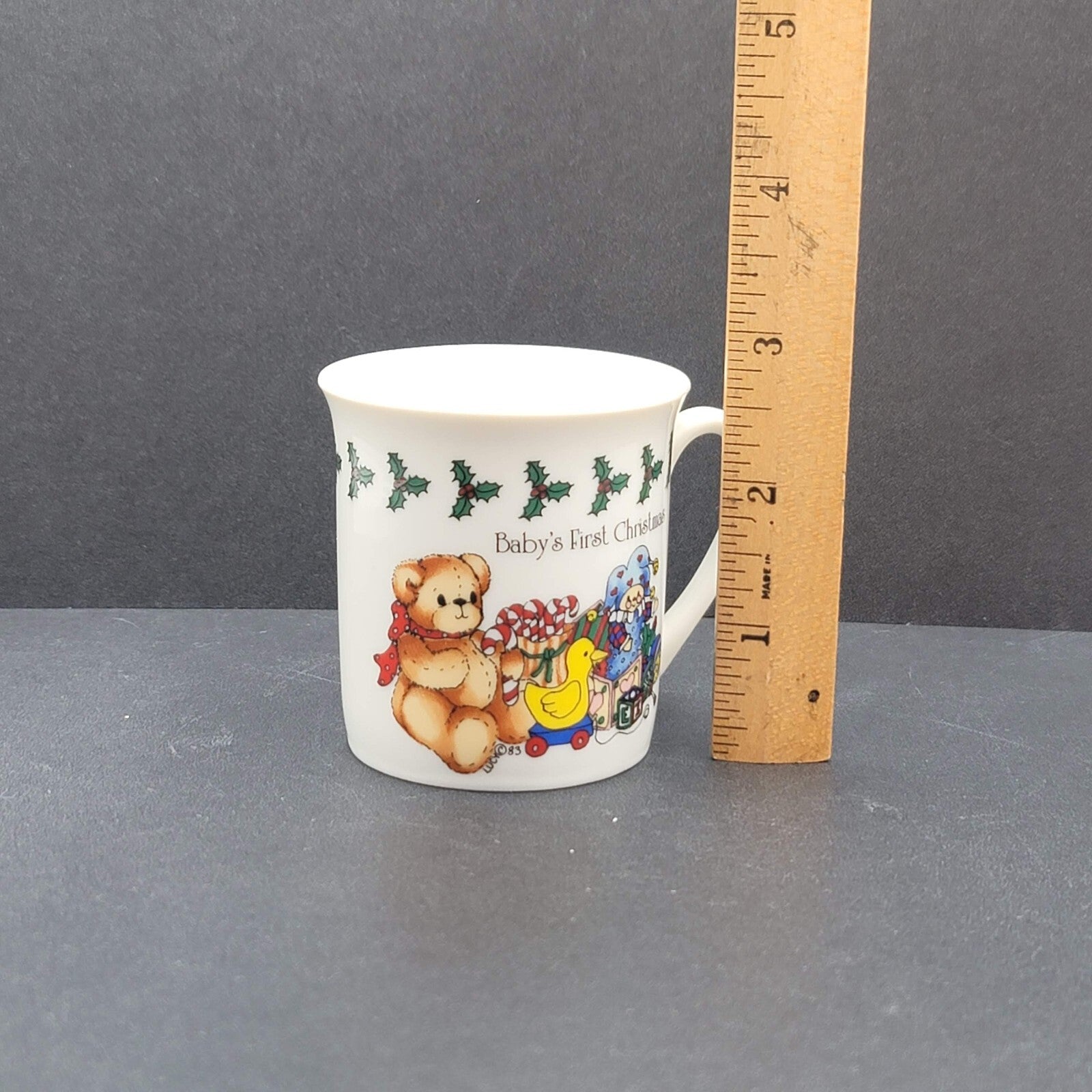 Vintage Enesco Babys First Christmas Cup Mug 1985 lucy and me Bears Holly 2.5"