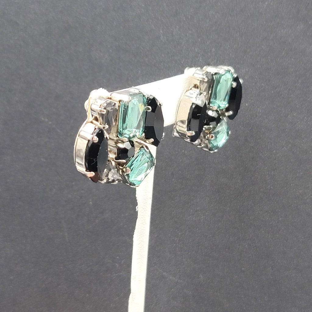 Clip on Earrings Silver tone Acrylic Green Black Statement Drop 1"