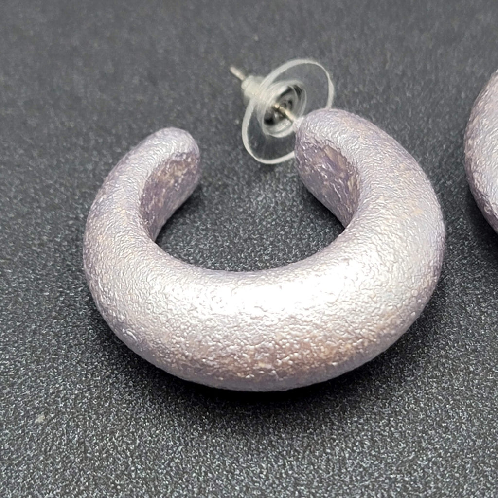 Pierced Earrings Textured Silver Lavender Wide Thick Hoops Dangle 1 1/8"