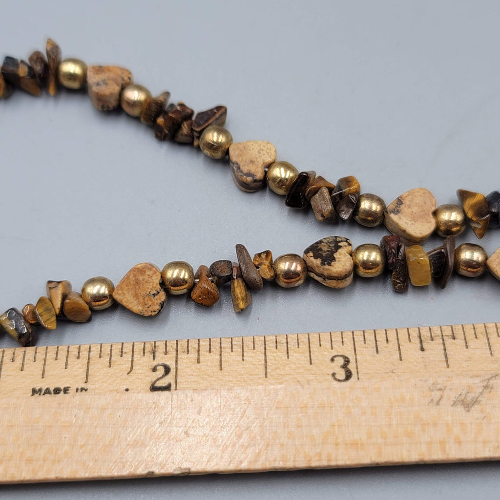 Agate Stone Heart Bead Necklace Gold tone Tigers Eye 18"