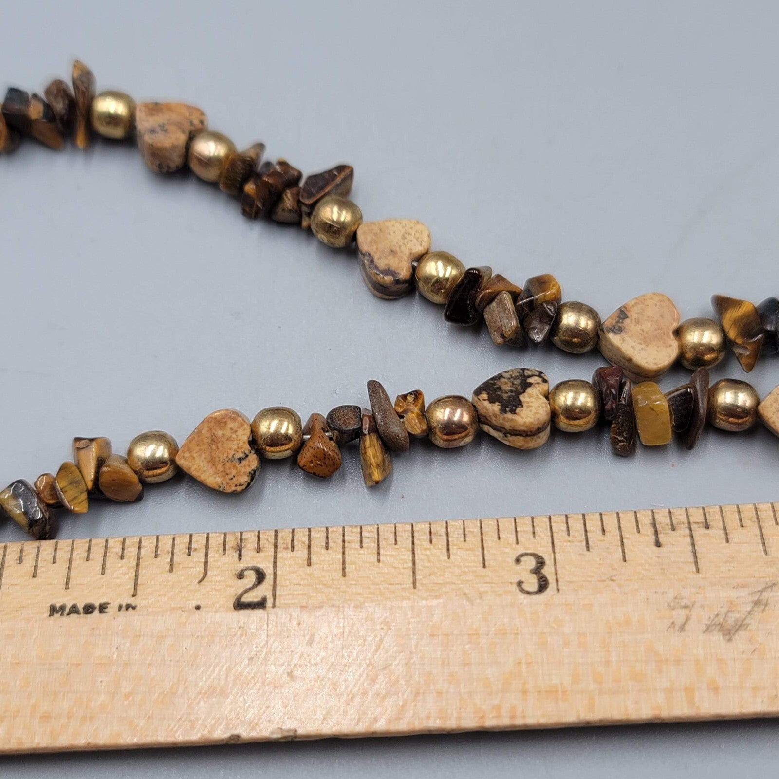 Agate Stone Heart Bead Necklace Gold tone Tigers Eye 18"