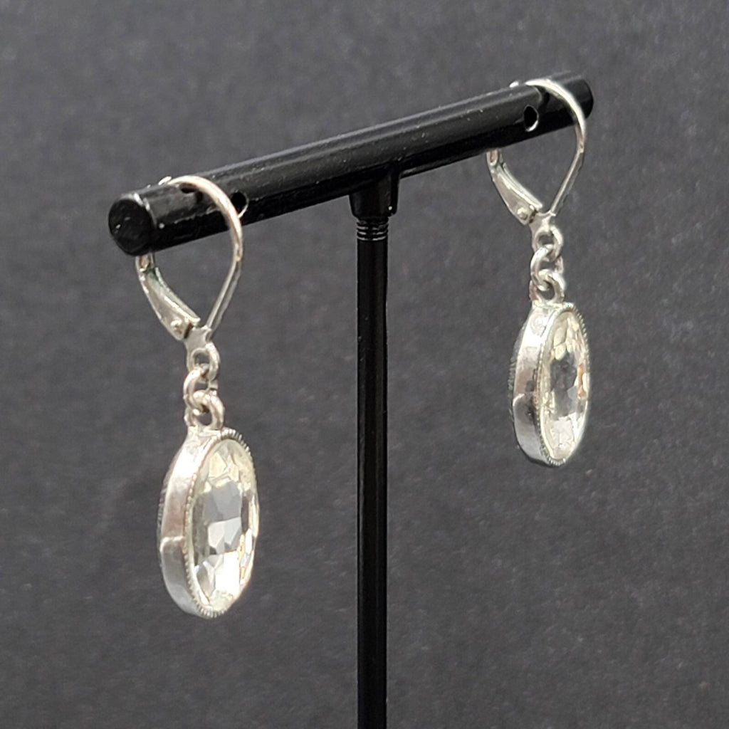 Pierced Earrings Silver tone Faceted Oval Glass Signed Dangle 3/4"