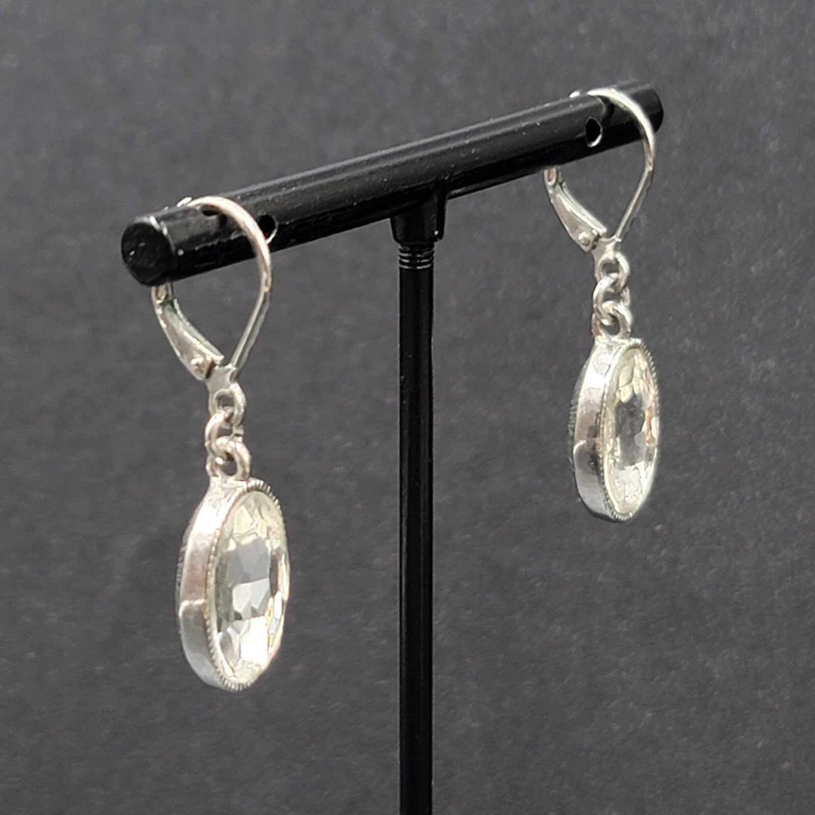 Pierced Earrings Silver tone Faceted Oval Glass Signed Dangle 3/4"