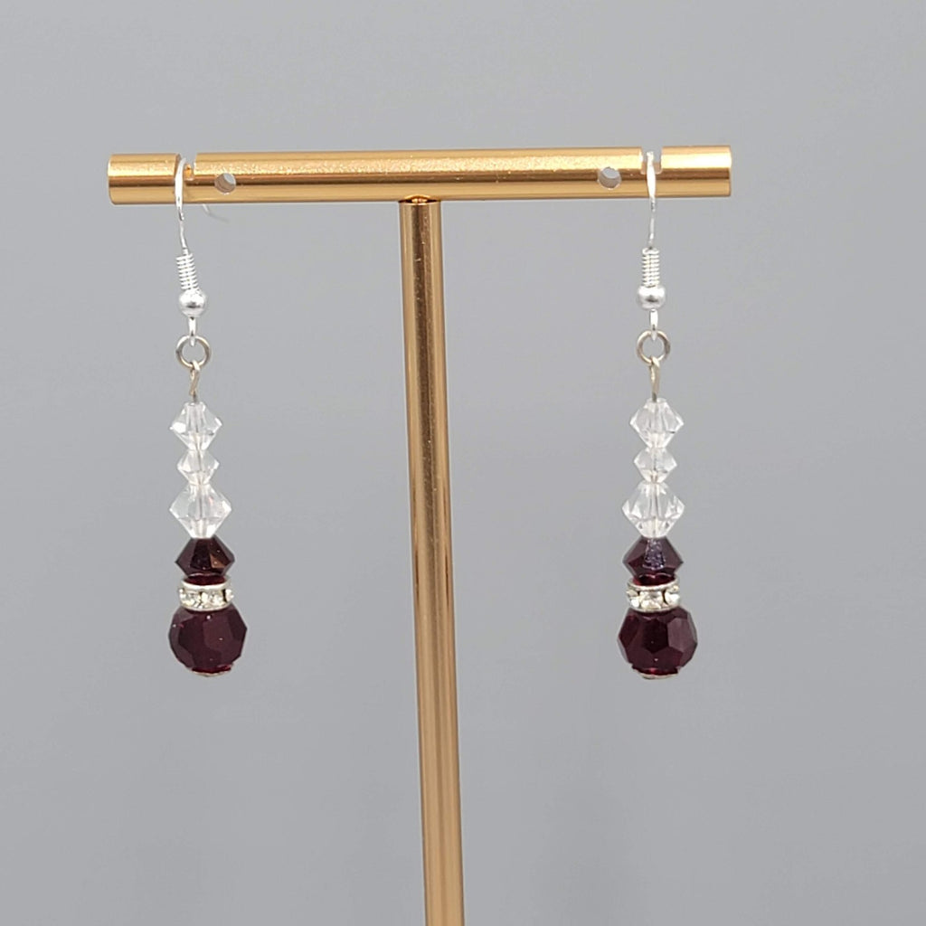 Red Clear Crystal Bead Pierced Earrings Silver tone Dangle 1.25"