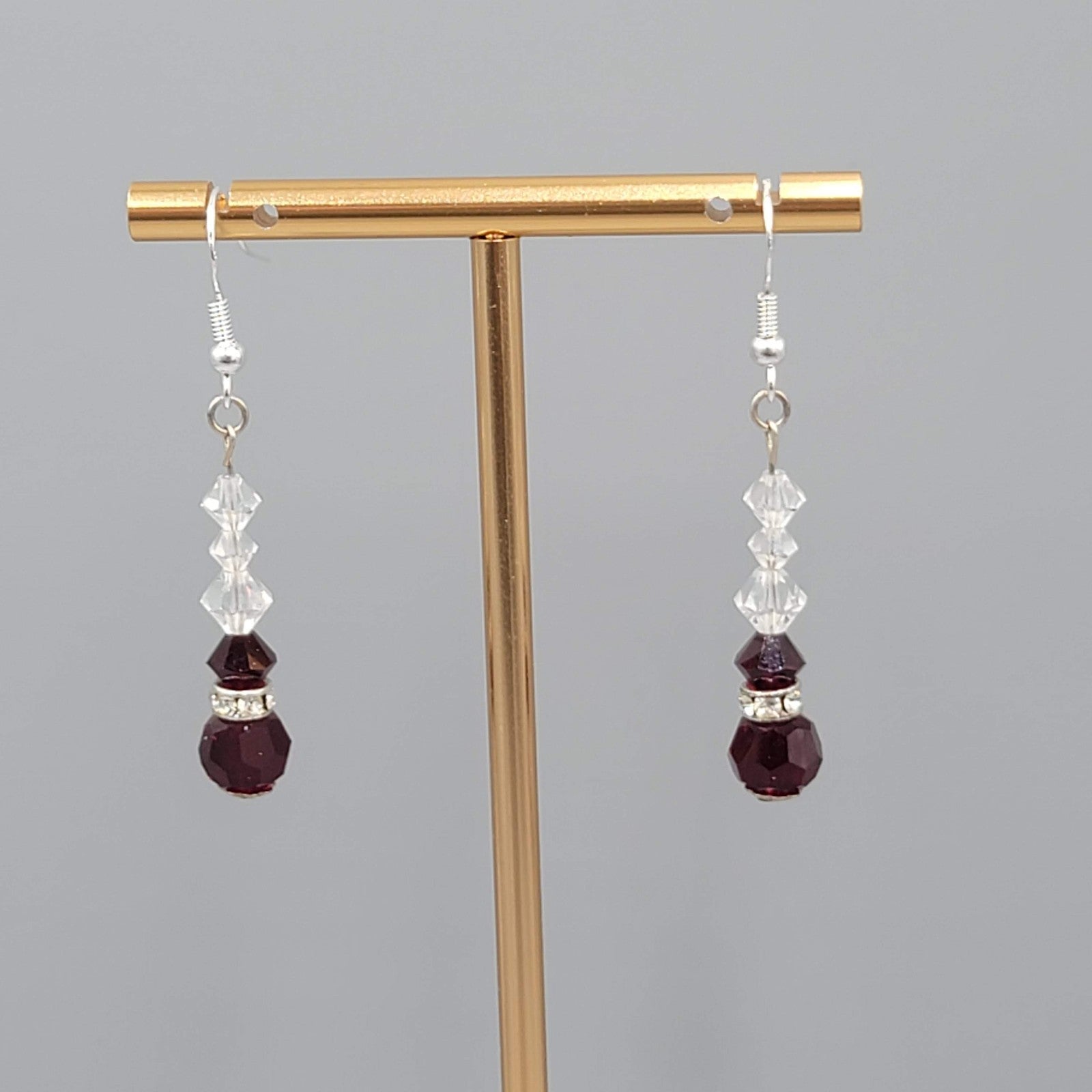 Red Clear Crystal Bead Pierced Earrings Silver tone Dangle 1.25"