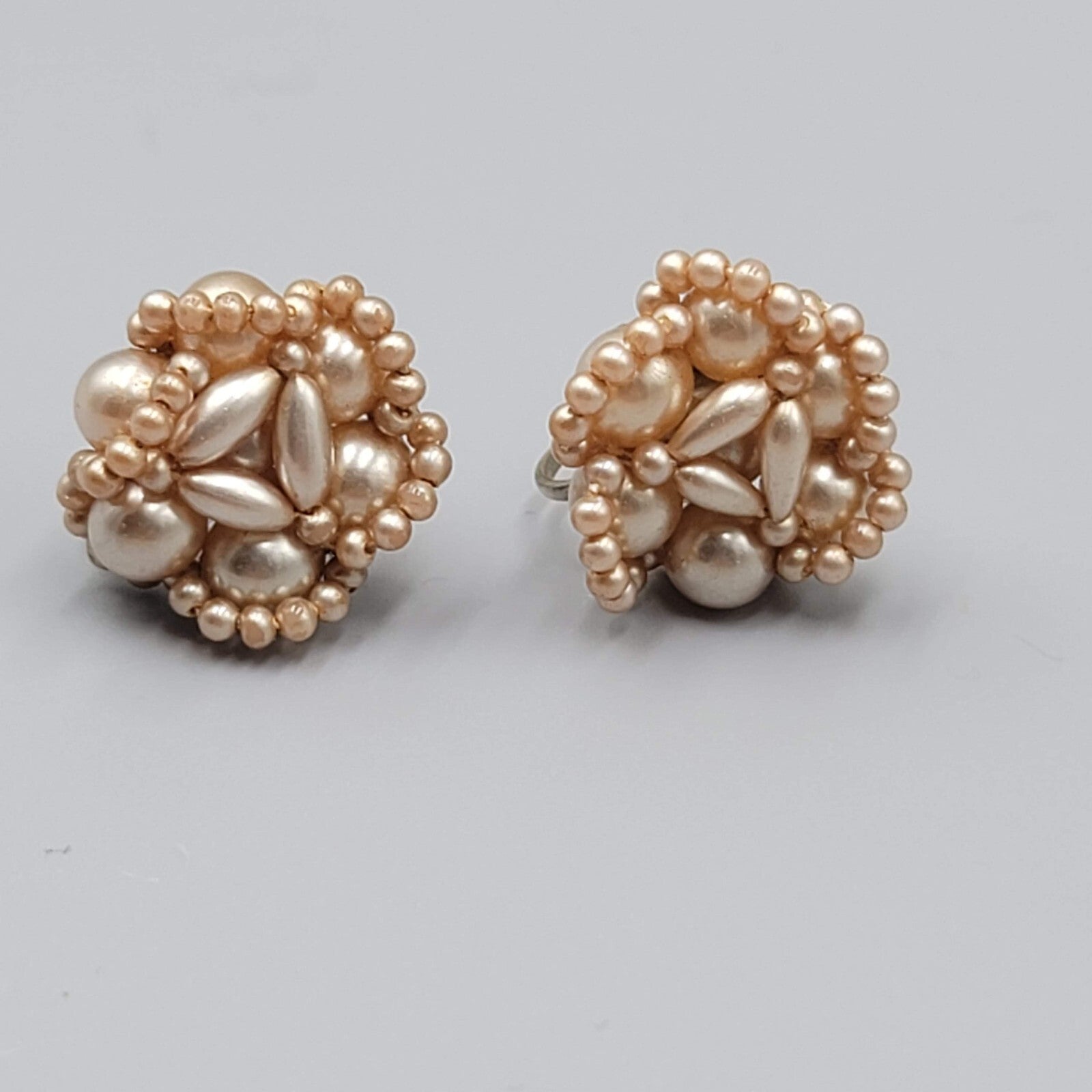 Vintage Clip on Earrings Champagne Color Beads Knot Cluster Design Stud 3/4"