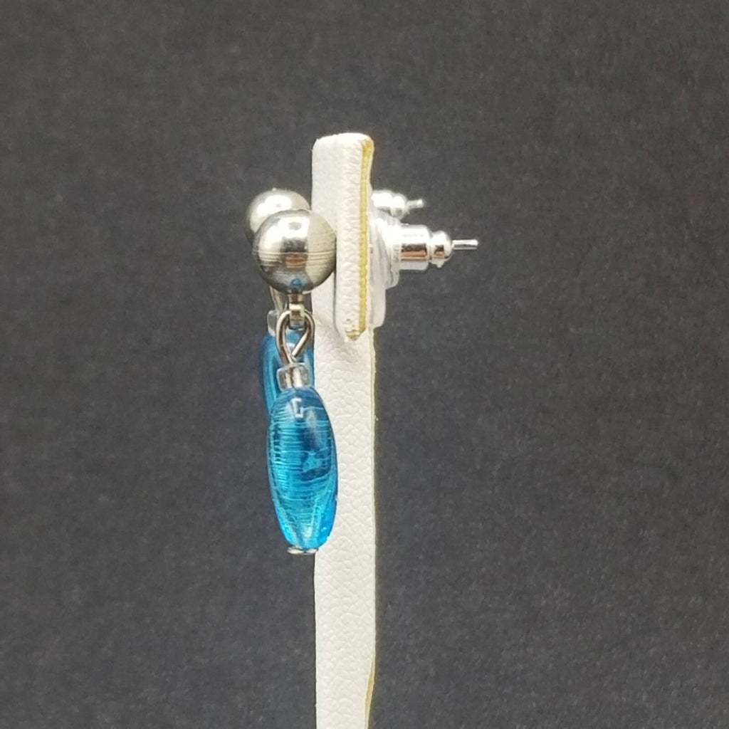Pierced Earrings Silver tone Blue Crystal Heart Beaded Dangle 1"